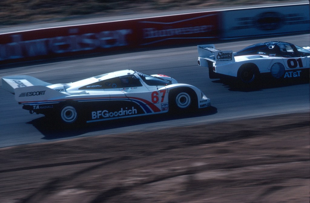 #67_BFGoodrich Porsche 962_overtaking traffic into turn 6_Riverside Raceway_April 1985 #67_BFGoodrich Porsche 962_overtaking traffic into turn 6_Riverside Raceway_April 1985