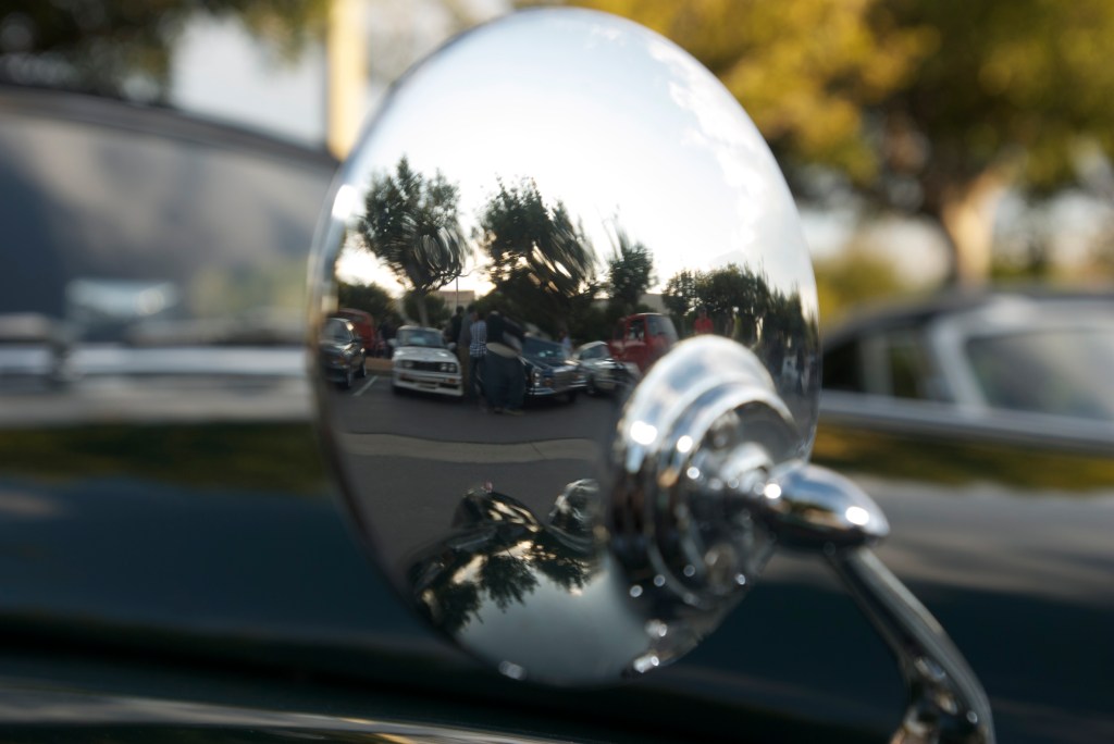 Green Jaguar XK 150 roadster_ side mirror reflection_Cars&Coffee/Irvine_12/17/11