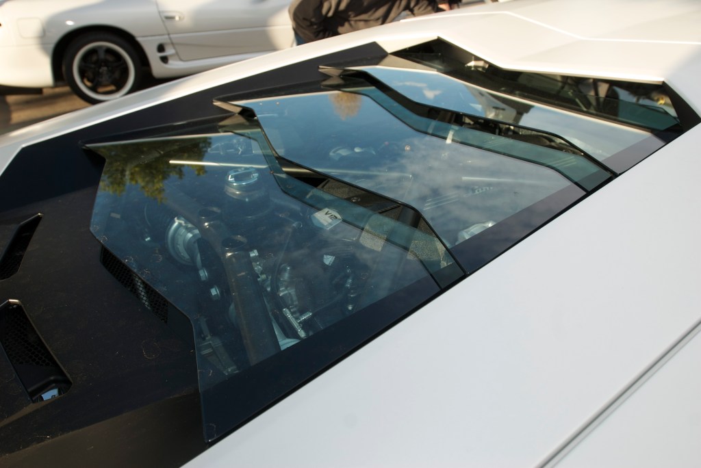 Pearlescent satin white Lamborghini LP 700-4 Aventador_glass louvers over motor_Cars&Coffee/Irvine_12/17/11