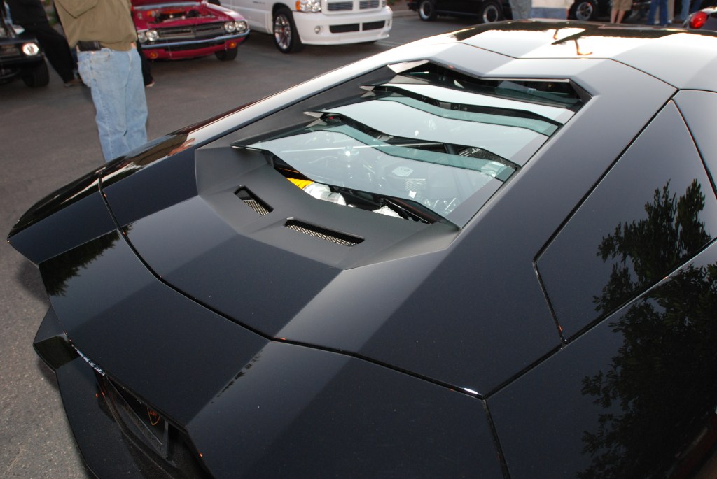 gloss black Lamborghini Aventador_rear glass louvers_Cars&Coffee/Irvine_1/28/12