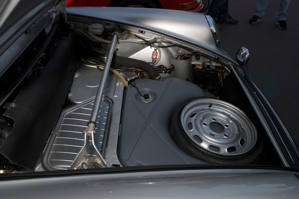 Silver european spec 1973 Porsche 911S_front trunk_Cars&Coffee/Irvine_1/14/12 