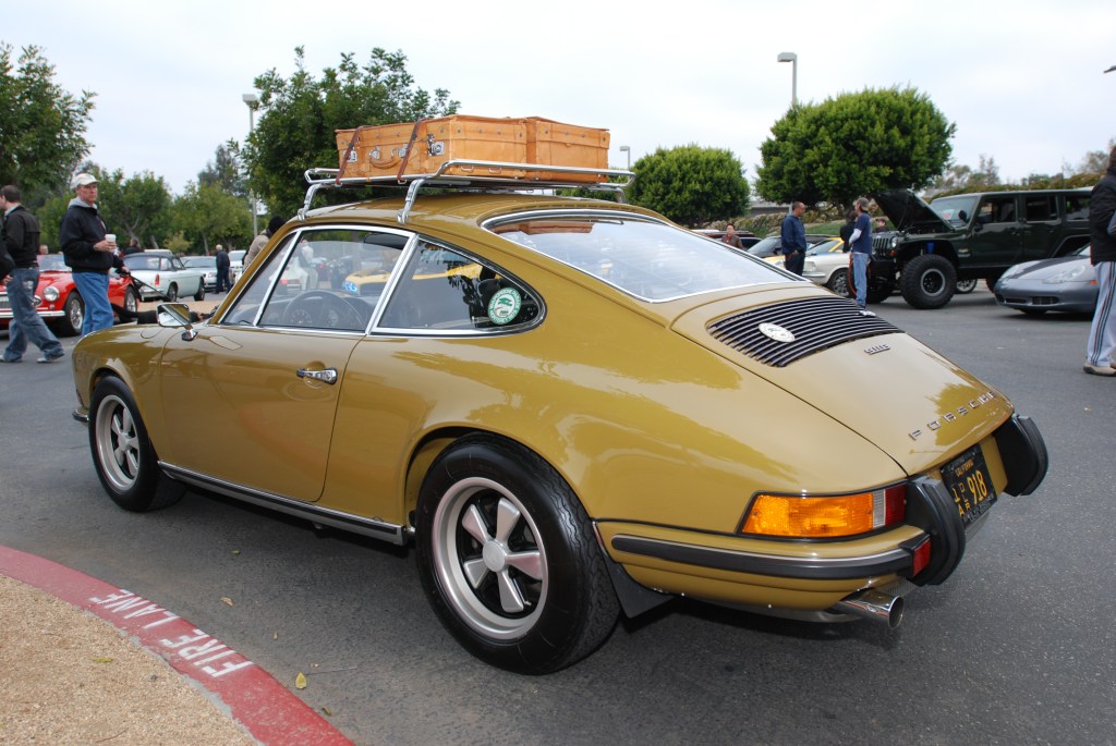 Olive 1973 Porsche 911E_ 3//4 rear view_Cars&Coffee/Irvine_2/25/12 Olive 1973 Porsche 911E_ 3//4 rear view_Cars&Coffee/Irvine_2/25/12