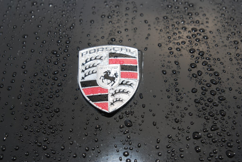 Black Porsche 911S coupe_raindrops & front hood badge_ Cars&Coffee/Irvine_2/11/12