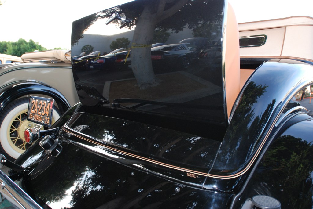 Black 1933 Ford roadster_rear view/rumble seat reflections_Cars&Coffee/Irvine_2/181/12