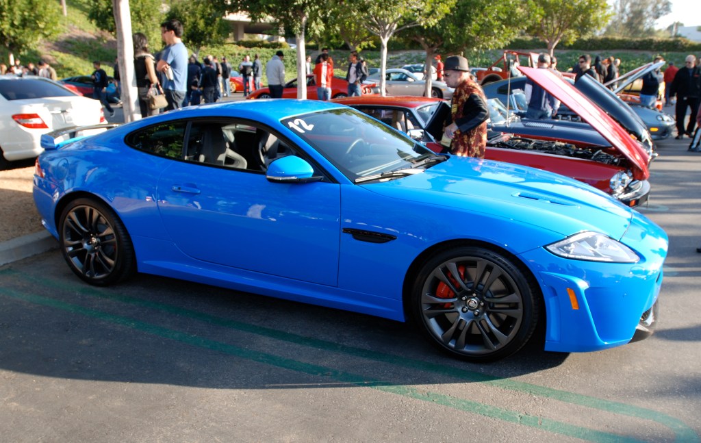 French Racing Blue Jaguar XKR-S coupe_side view_Cars&Coffee/Irvine_2/18/12