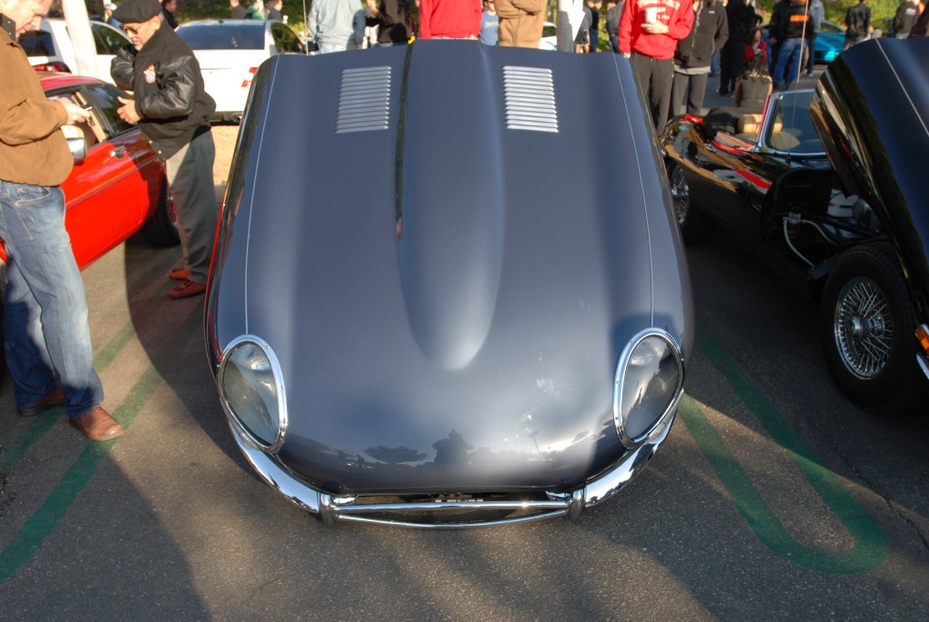 Charcoal gray Jaguar E type roadster_opened hood_Cars&Coffee/Irvine_2/18/12