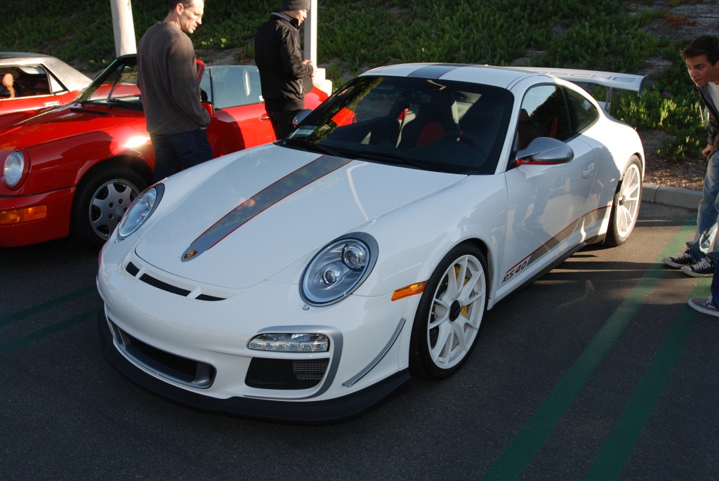 White 2011 Porsche GT3 RS4.0 with white wheels_3/4 front view & reflections_Cars&Coffee/Irvine_3/10/12