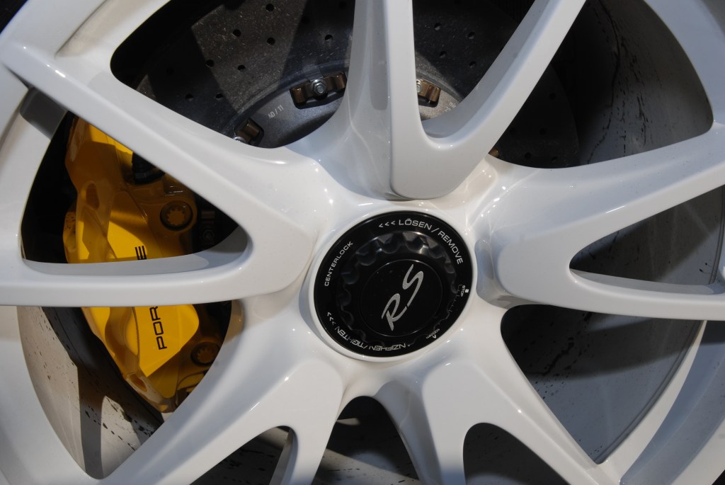 White 2011 Porsche GT3 RS4.0 with white wheels_wheel detail & reflections_Cars&Coffee/Irvine_3/10/12
