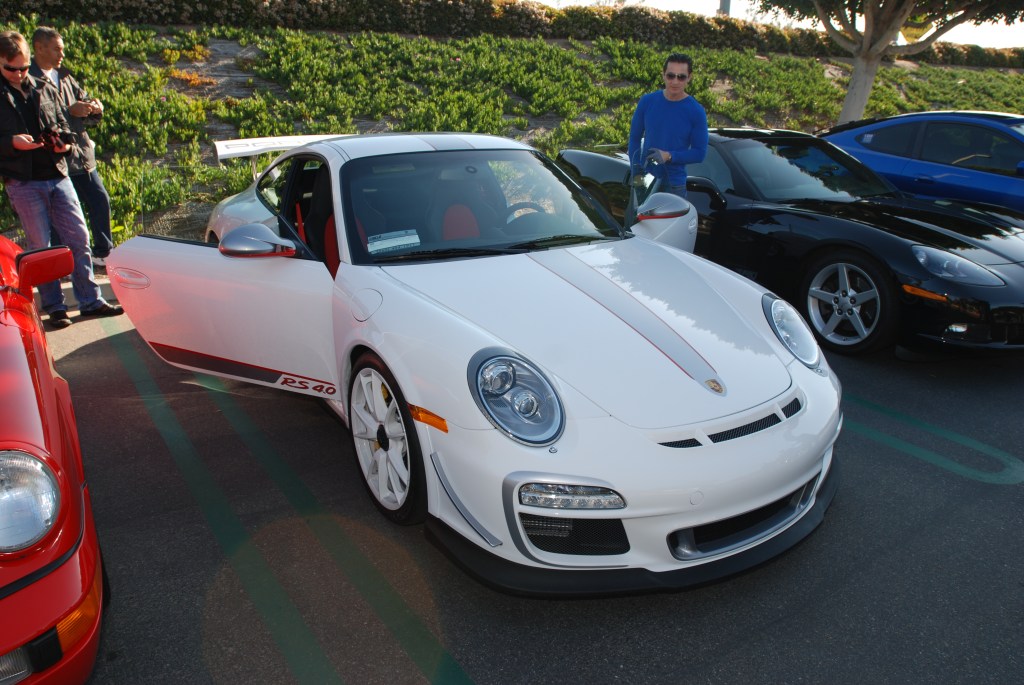 White 2011 Porsche GT3 RS4.0 with white wheels_3/4 front view & reflections_Cars&Coffee/Irvine_3/10/12
