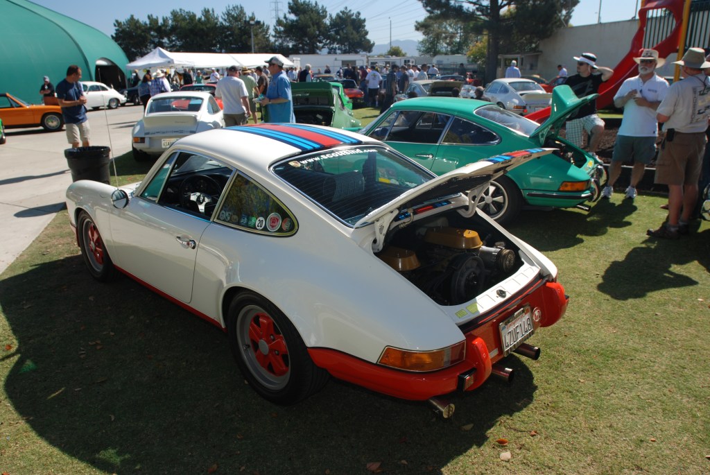White 1970 Porsche 911 T with Martini Stripes_and green 1973 911 Carrera RS_all Porsche swap & car display_3/4/12