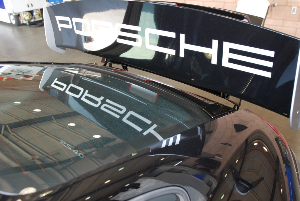 Black 2012, Porsche GT3 RS4.0_rear wing & reflections_Festival of Speed_Auto Club Speedway_April 21, 2012