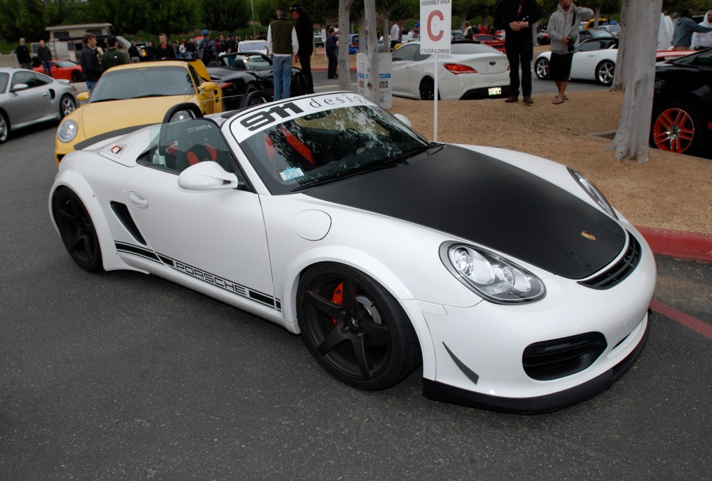 2011 white Porsche Boxster spyder_w/ fender flares_3/4 front view_Cars&Coffee/Irvine_3/31/12