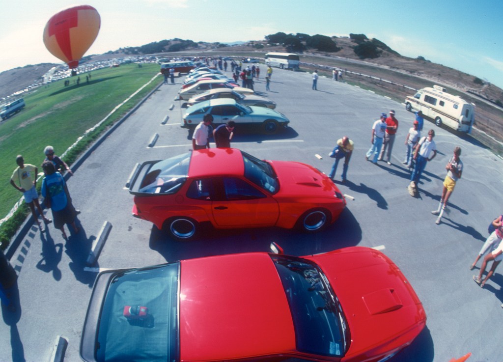 Red Porsche 924 Carrera GT & GTS Club Sport_aerial view_Monterey Historics _Laguna Seca_Aug 82