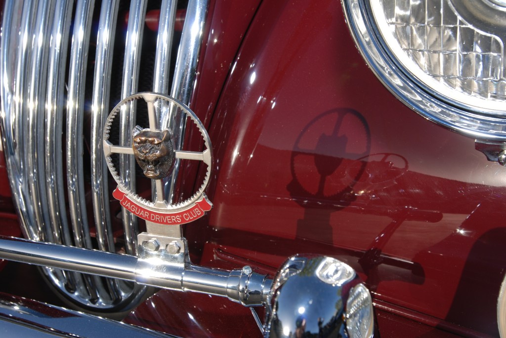 Burgundy Jaguar XK 150_badge and shadow_Cars&Coffee_5/28/12 Burgundy Jaguar XK 150_badge and shadow_Cars&Coffee_5/28/12