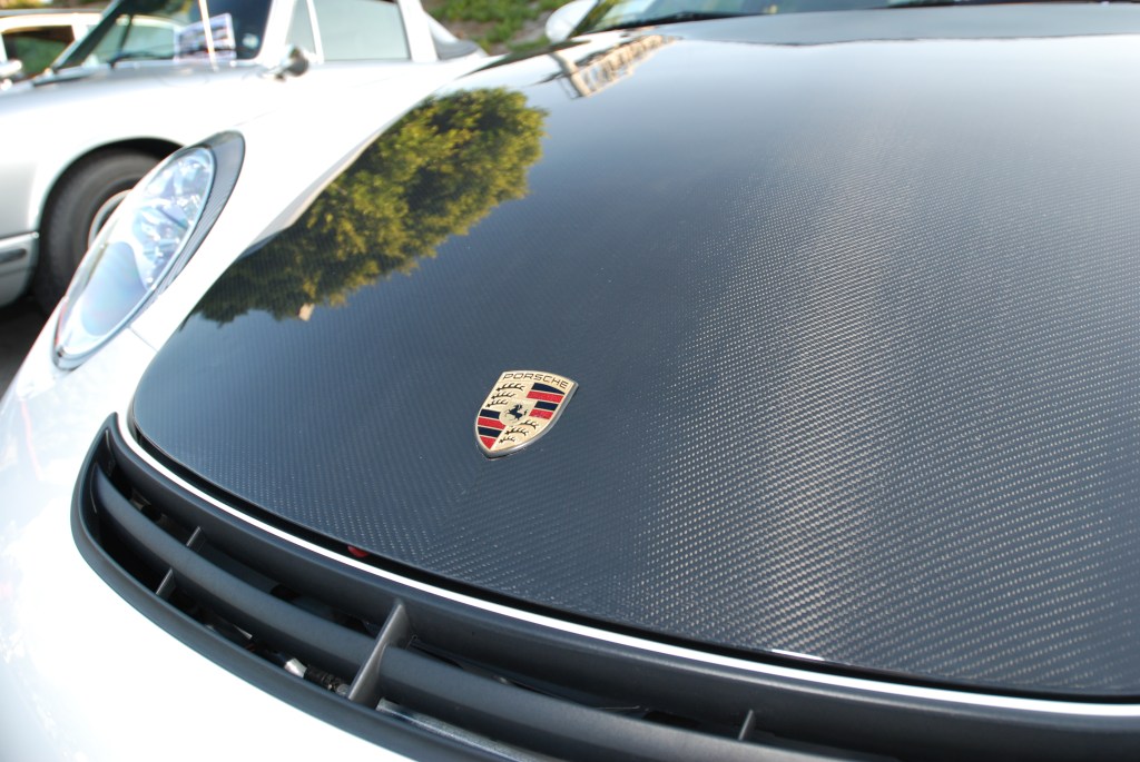 White Porsche GT3 _carbon fiber hood & badge detail_Cars&Coffee_5/28/12 White Porsche GT3 _carbon fiber hood & badge detail_Cars&Coffee_5/28/12