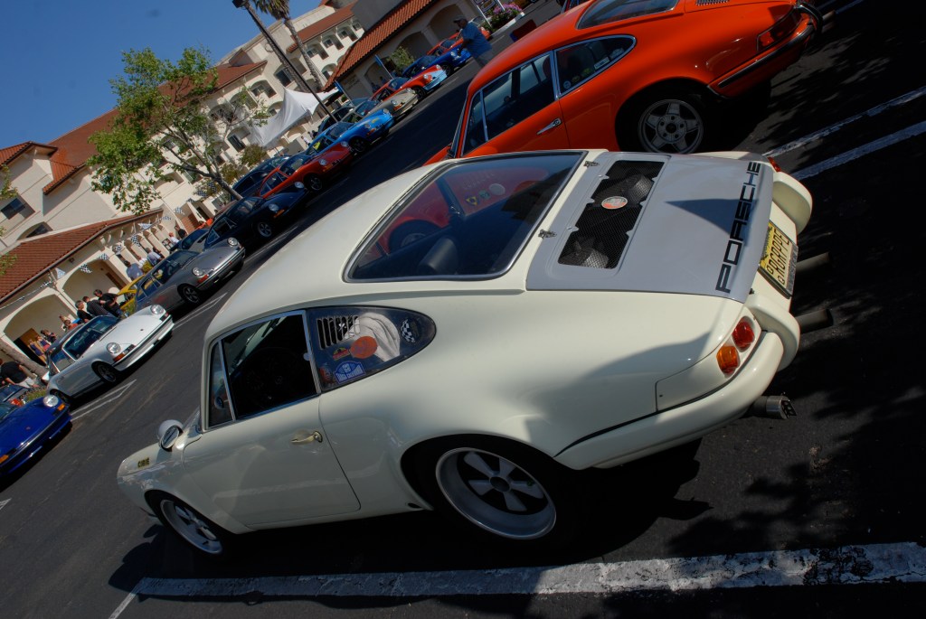 Ivory white with gray hood Porsche 911_ Rally lights_3/4 rear view_RGruppe Solvang Treffen _May 5, 2012 