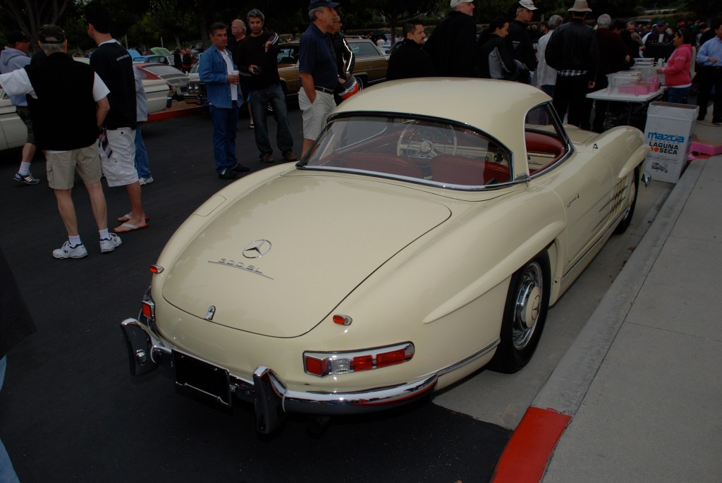 Mercedes Benz 300SL roadster_Pale yellow with red interior_3/4 rear view_Cars&Coffee_June 2, 2012 Mercedes Benz 300SL roadster_Pale yellow with red interior_3/4 rear view_Cars&Coffee_June 2, 2012