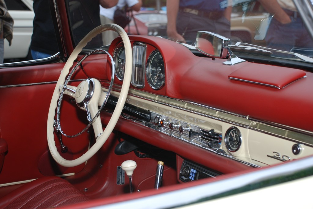 Mercedes Benz 300SL roadster_Pale yellow with red interior_interior view_Cars&Coffee_June 2, 2012 Mercedes Benz 300SL roadster_Pale yellow with red interior_interior view_Cars&Coffee_June 2, 2012