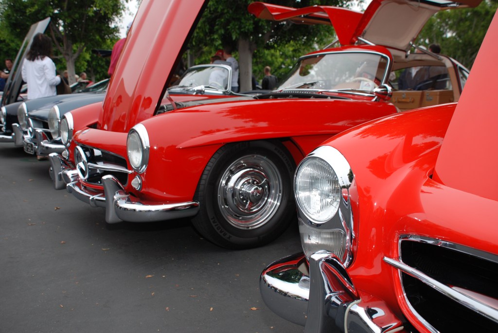 Red Mercedes Benz 300SL Gullwing coupe_3/4 front view with rudge knock-off wheels_Cars&Coffee_June 2, 2012 Red Mercedes Benz 300SL Gullwing coupe_3/4 front view with rudge knock-off wheels_Cars&Coffee_June 2, 2012