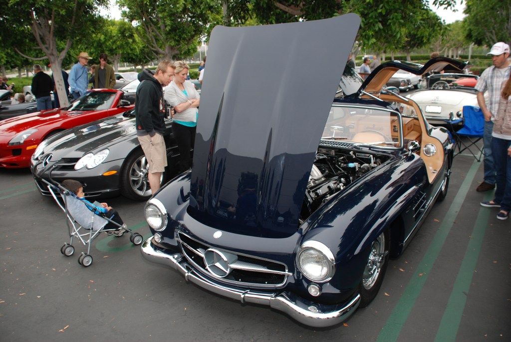Dark blue Mercedes Benz 300SL Gullwing coupe_3/4 front view with opened hood and doors_Cars&Coffee_June 2, 2012 Dark blue Mercedes Benz 300SL Gullwing coupe_3/4 front view with opened hood and doors_Cars&Coffee_June 2, 2012