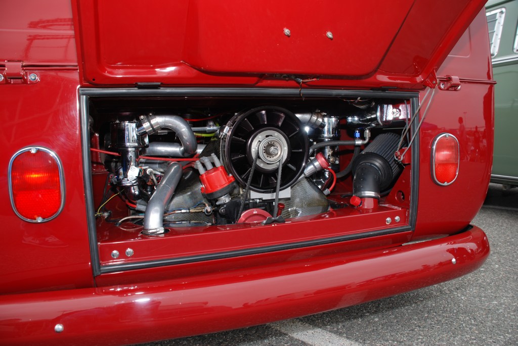 VW type II transporter  _ Red and white double cab_turbo motor detail_The 2012 O.C.T.O  show_June 9, 2012