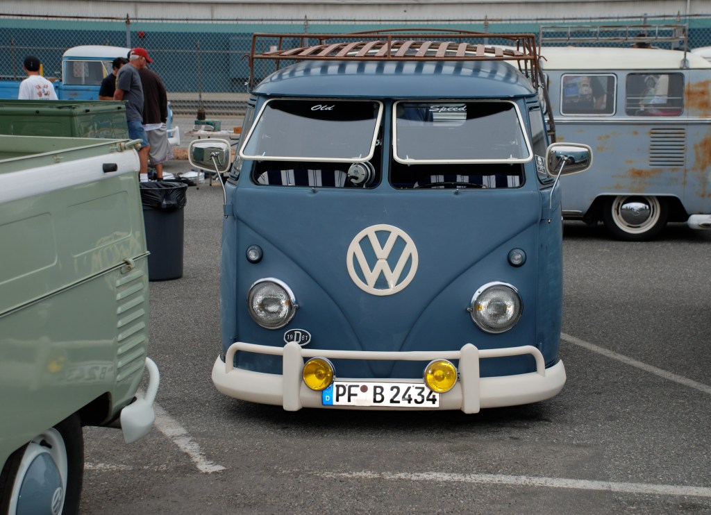 VW type II transporter  _Dove Blue with yellow fog lights_ front view_The 2012 O.C.T.O  show_June 9, 2012
