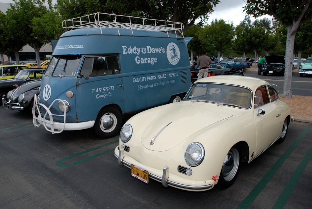Dove blue VW type II transporter and pale yellow Porsche 356 A coupe_Cars&Coffee_May 26, 2012