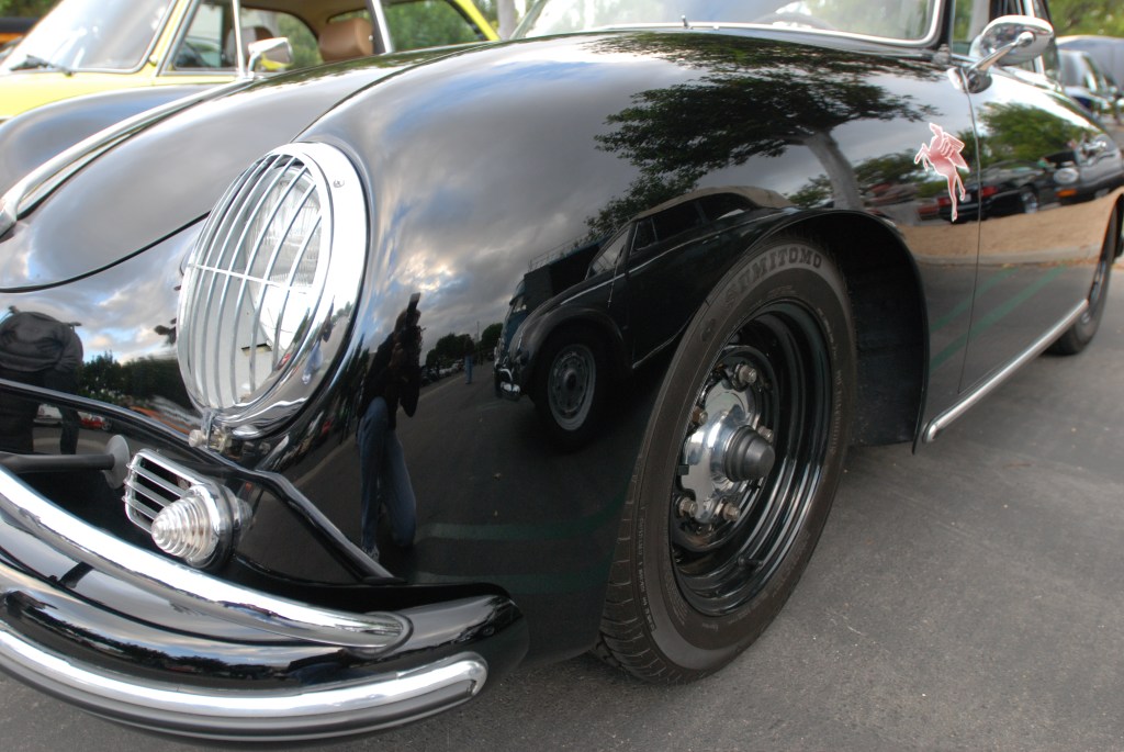 Black Porsche 356A coupe w/green interior_front fender reflections_Cars&Coffee_May 26, 2012
