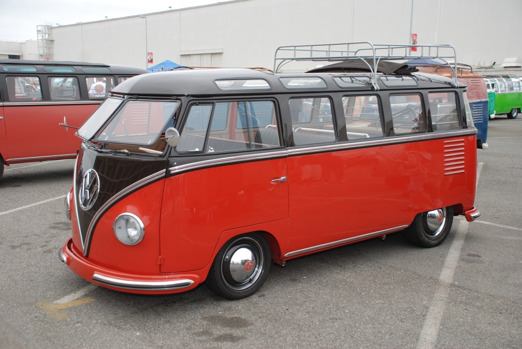VW type II transporter _Barndoor display _red & black lowered bus, 3/4 front view_The 2012 O.C.T.O  show_June 9, 2012