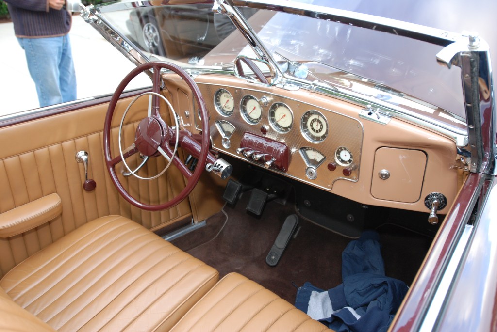 Burgundy 1937 Cord 812 convertible with tan interior_interior view_Cars&Coffee_May 26, 2012