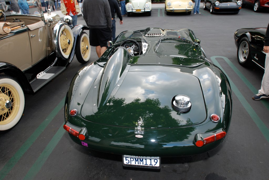 British Racing Green Jaguar E Type roadster race car_rear view with reflections _Cars&Coffee_May 26, 2012