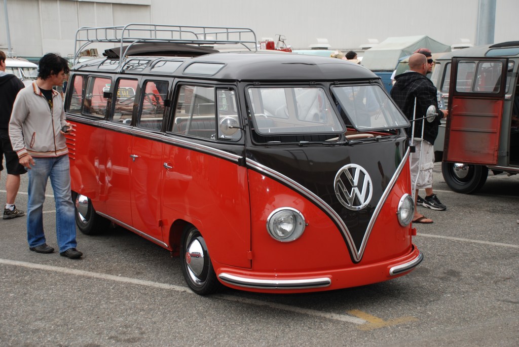 VW type II transporter _Barndoor display _red & black lowered bus, 3/4 side view_The 2012 O.C.T.O  show_June 9, 2012