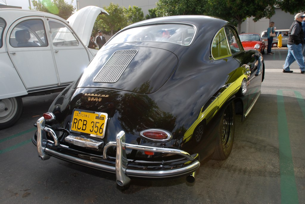 Black Porsche 356A coupe w/green interior_3/4 rear view with reflections_Cars&Coffee_May 26, 2012