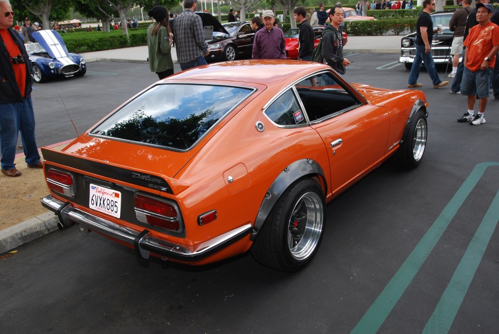 Restored early 1970's orange Datsun 240 Z_3/4 rear view_Cars&Coffee_May 26, 2012