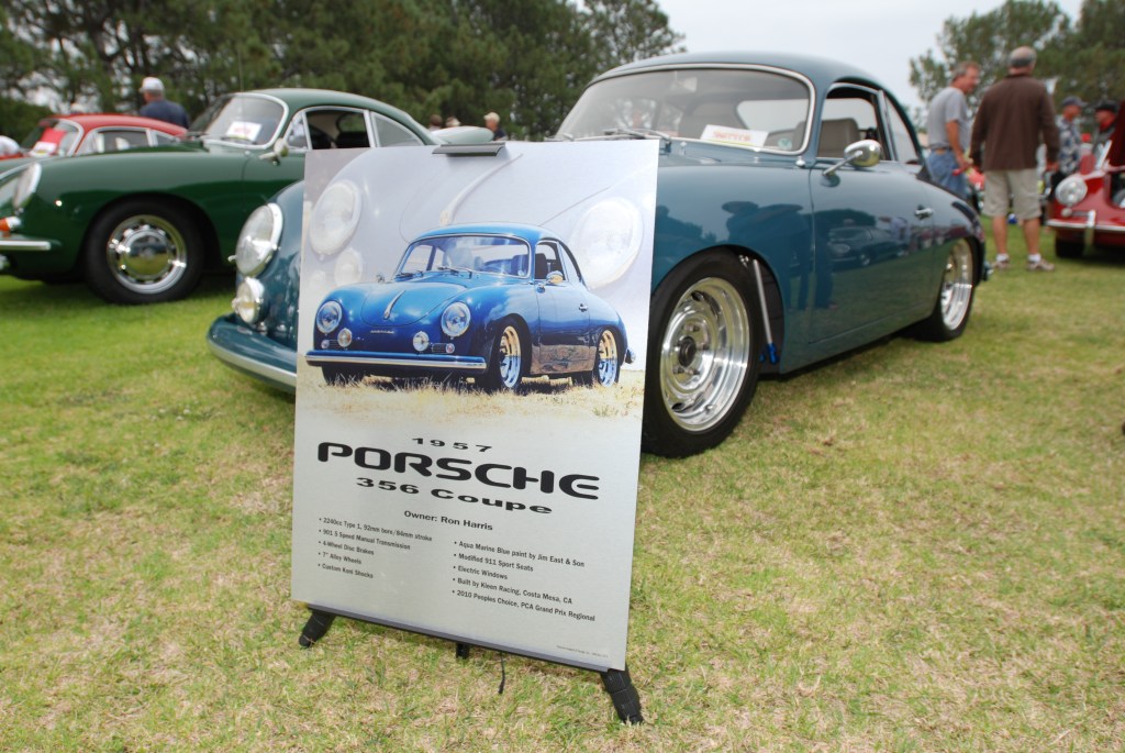 Porsche 356 Registry_ Blue 1957 "Outlaw" coupe with placcard _Dana Point concours _July 15, 2012