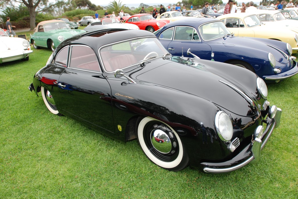 356 Registry_  Black Porsche 356 Continental coupe with reflections_3/4 front view_Dana Point concours _July 15, 2012