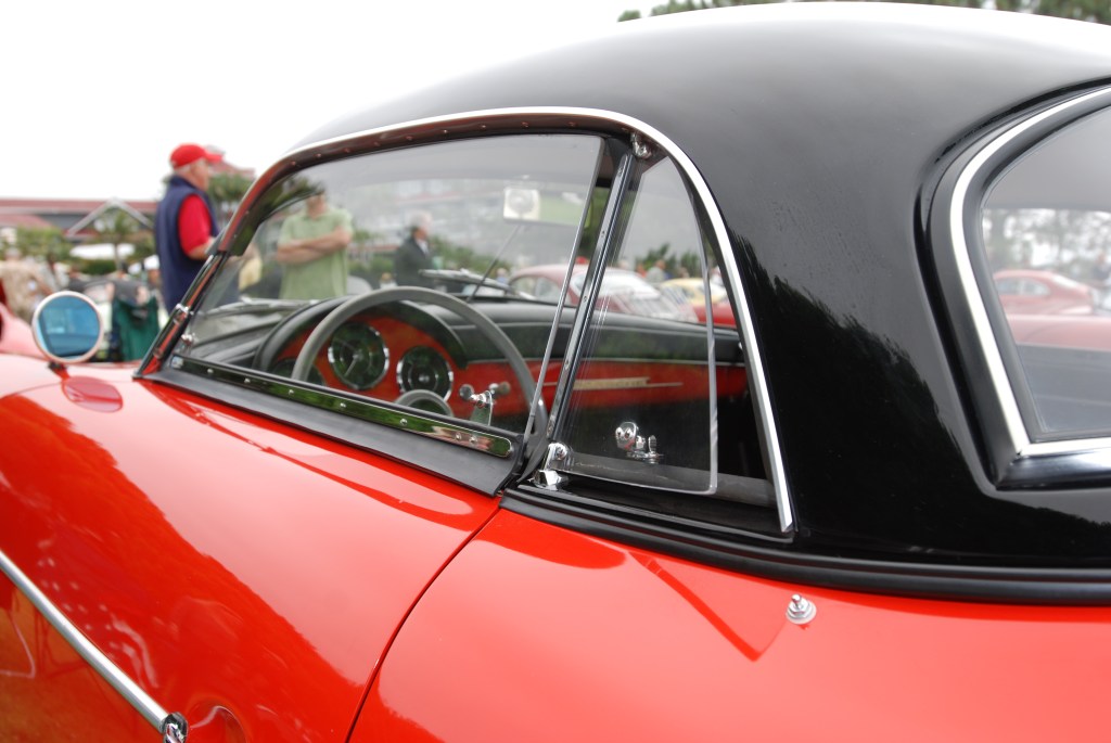 356 Registry_  Red Porsche speedster _detail of vent window on optional black hardtop _Dana Point concours _July 15, 2012