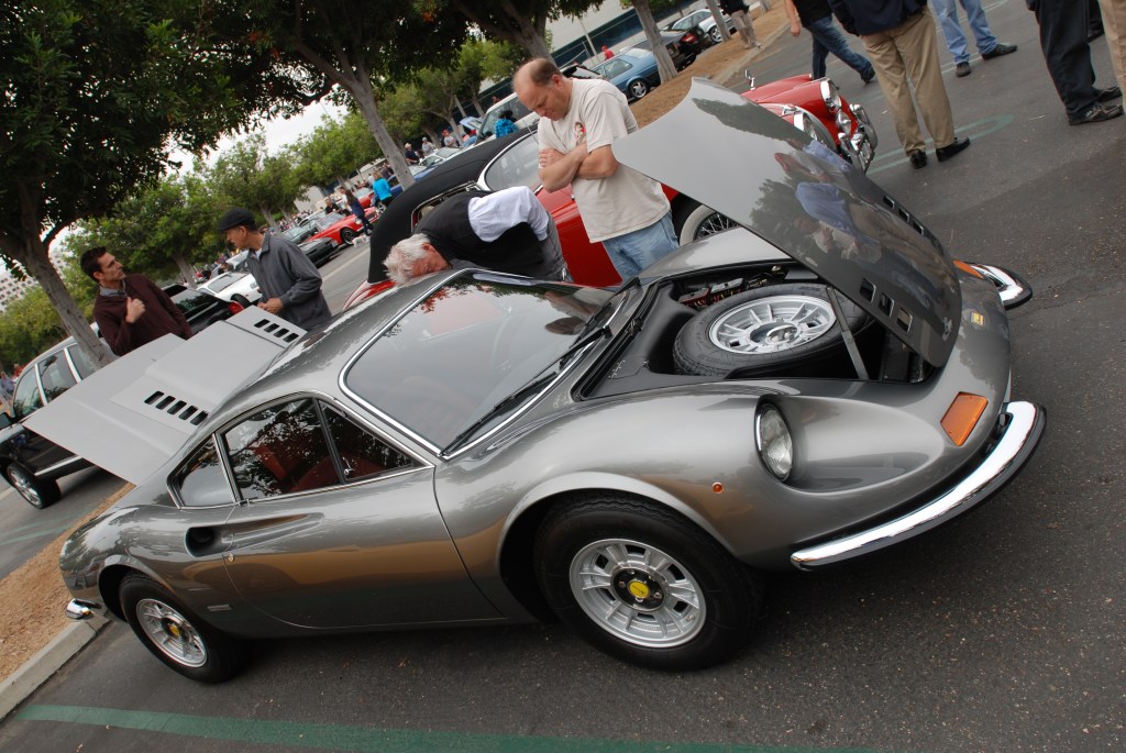 Charcoal gray Ferrari Dino_with open front trunk and rear decklid_Cars&Coffee/Irvine_June 23, 2012