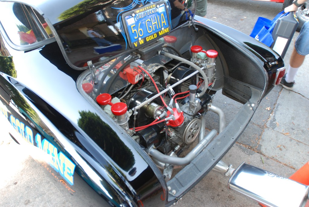 Black 1956 VW Karmann Ghia with flames_race motor detail _12th Annual Uptown Whittier Car Show_August 18, 2012 Black 1956 VW Karmann Ghia with flames_race motor detail _12th Annual Uptown Whittier Car Show_August 18, 2012