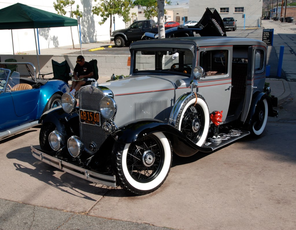Grey and black 1930s vintage Chevrolet Sedan_3/4 front view_12th Annual Uptown Whittier Car Show_August 18, 2012 Grey and black 1930s vintage Chevrolet Sedan_3/4 front view_12th Annual Uptown Whittier Car Show_August 18, 2012