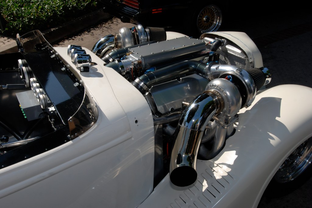 White twin turbocharged roadster_motor detail_12th Annual Uptown Whittier Car Show_August 18, 2012 White twin turbocharged roadster_motor detail_12th Annual Uptown Whittier Car Show_August 18, 2012