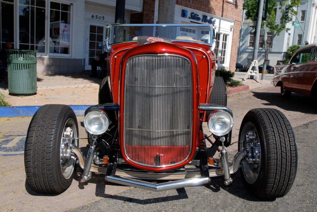 Candy red 1932 Ford highboy roadster_front view_12th Annual Uptown Whittier Car Show_August 18, 2012 Candy red 1932 Ford highboy roadster_front view_12th Annual Uptown Whittier Car Show_August 18, 2012