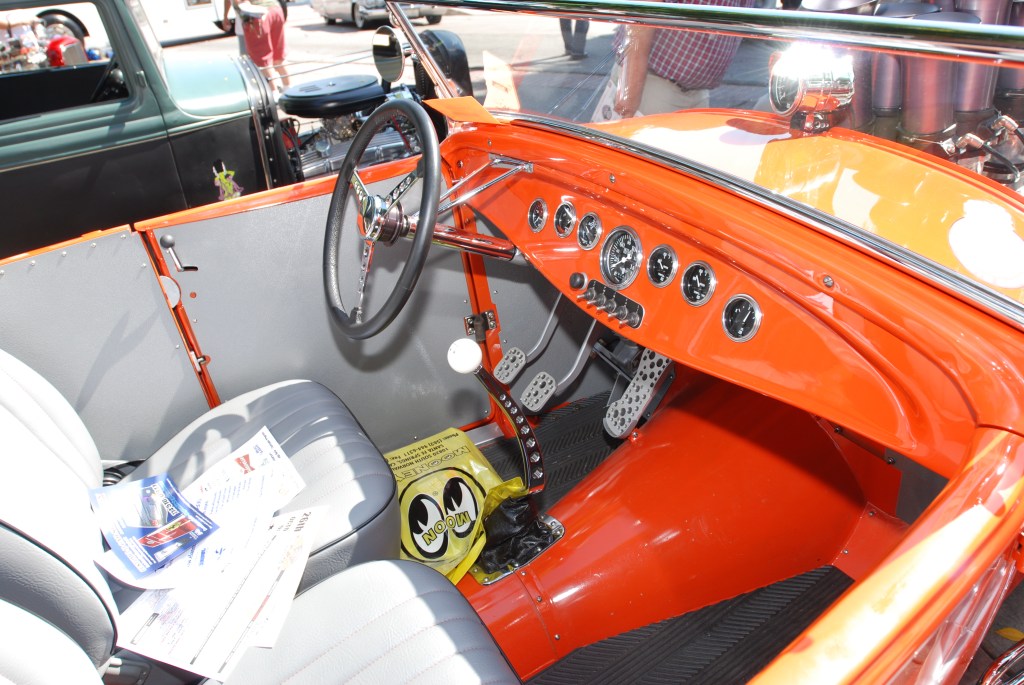 Orange 1932 Ford roadster with fuel injected motor_interior detail_ 12th Annual Uptown Whittier Car Show_August 18, 2012 Orange 1932 Ford roadster with fuel injected motor_interior detail_ 12th Annual Uptown Whittier Car Show_August 18, 2012