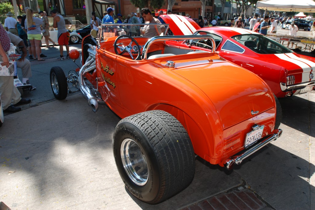 Orange 1932 Ford roadster with fuel injected motor_3/4 rear detail_ 12th Annual Uptown Whittier Car Show_August 18, 2012 Orange 1932 Ford roadster with fuel injected motor_3/4 rear detail_ 12th Annual Uptown Whittier Car Show_August 18, 2012