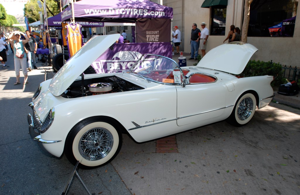 White on red 1955 Corvette_3/4 front view _ 12th Annual Uptown Whittier Car Show_August 18, 2012 White on red 1955 Corvette_3/4 front view _ 12th Annual Uptown Whittier Car Show_August 18, 2012