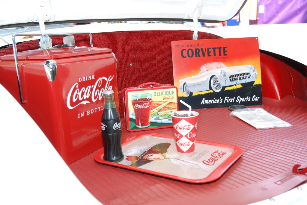 White on red 1955 Corvette_Coca Cola memorabilia in trunk _ 12th Annual Uptown Whittier Car Show_August 18, 2012 White on red 1955 Corvette_Coca Cola memorabilia in trunk _ 12th Annual Uptown Whittier Car Show_August 18, 2012