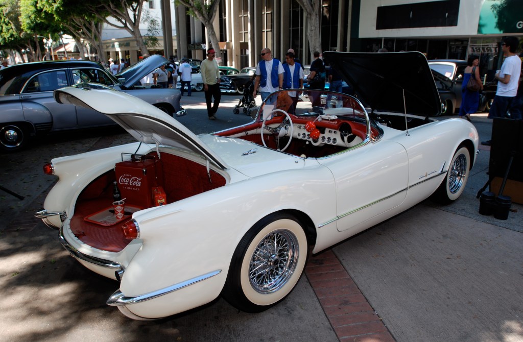 White on red 1955 Corvette_3/4 rear view _ 12th Annual Uptown Whittier Car Show_August 18, 2012 White on red 1955 Corvette_3/4 rear view _ 12th Annual Uptown Whittier Car Show_August 18, 2012