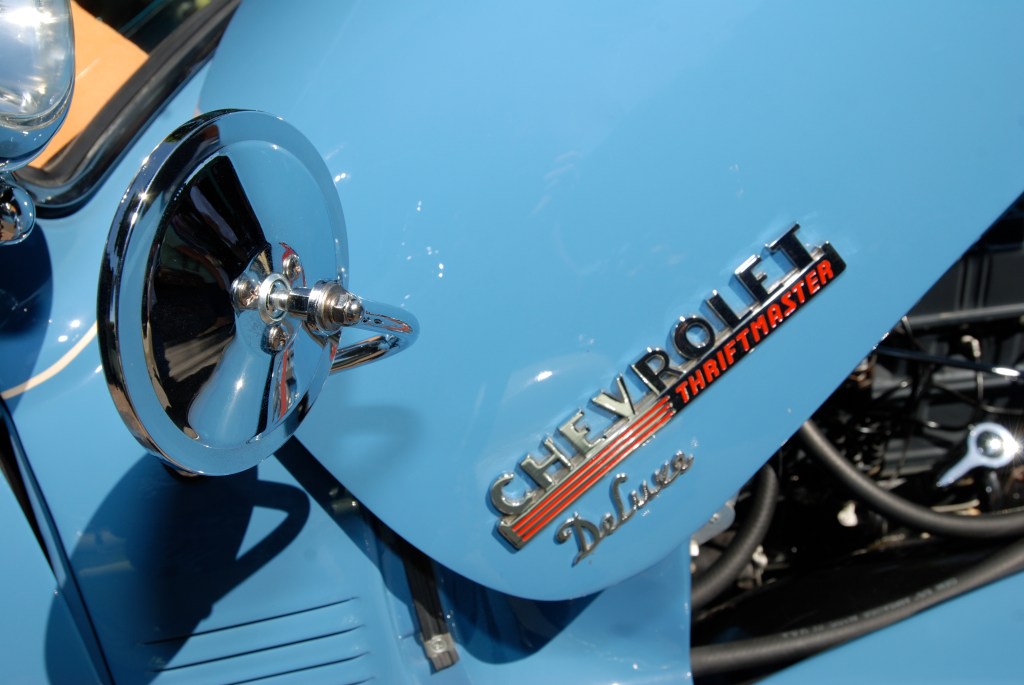 Lite blue Chevrolet Thriftmaster Deluxe _Hood badging detail _ 12th Annual Uptown Whittier Car Show_August 18, 2012 Lite blue Chevrolet Thriftmaster Deluxe _Hood badging detail _ 12th Annual Uptown Whittier Car Show_August 18, 2012
