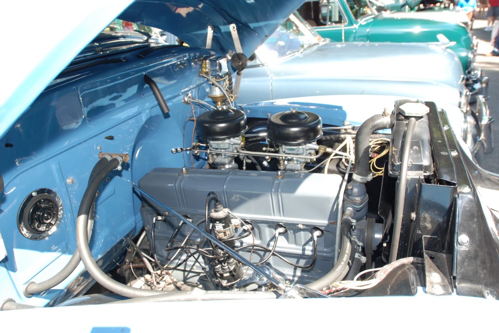 Lite blue Chevrolet Thriftmaster Deluxe _engine detail _ 12th Annual Uptown Whittier Car Show_August 18, 2012