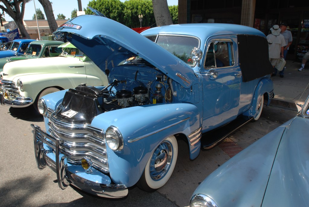 Lite blue Chevrolet Thriftmaster Deluxe_ 3/4 front view _ 12th Annual Uptown Whittier Car Show_August 18, 2012 Lite blue Chevrolet Thriftmaster Deluxe_ 3/4 front view _ 12th Annual Uptown Whittier Car Show_August 18, 2012